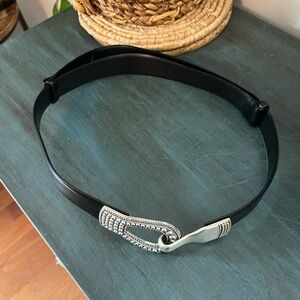 Ladies Black Adjustable Belt with Silvertone Raised Metal Beaded